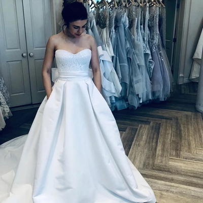 Simple satin off-the-shoulder princess wedding dresses a-line strapless bridal gowns  - Thumbnail 5