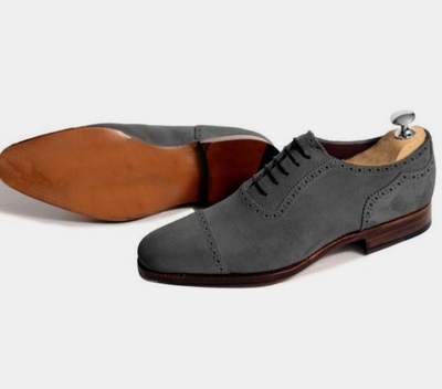 Classic Handmade Oxfords Grey Cap Toe Suede Lace Up Formal Men's Shoes