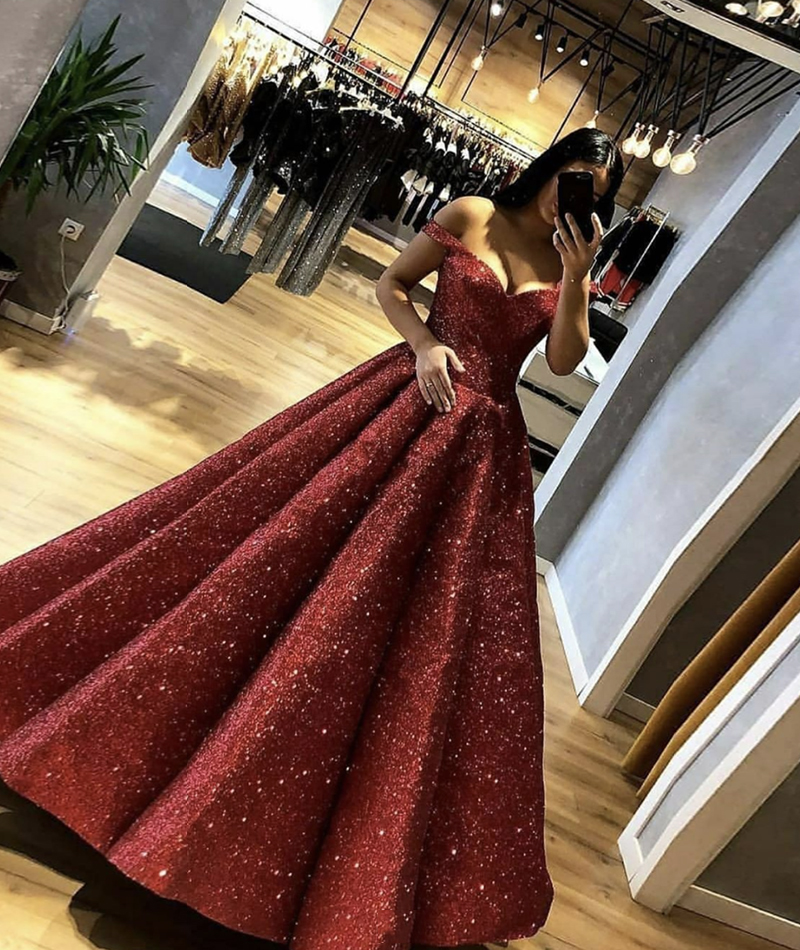 Burgundy sequins long prom gown formal gown