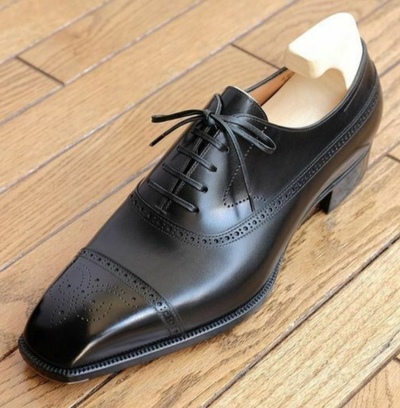 New Black Cap Toe Brogue Handmade Leather Lace Up Men's Shoes