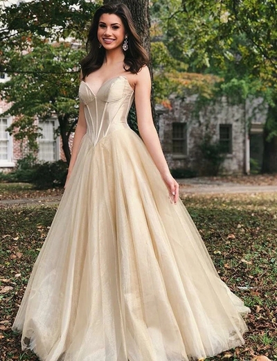 Elegant Long Evening Gown Sleeveless Tulle Sweetheart Champagne Prom Dress