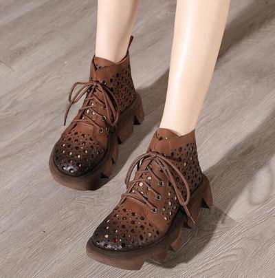 Retro Lace-up Women's Single Shoes New Style Thick-soled Wedges Ethnic Hollow Sandals G5420