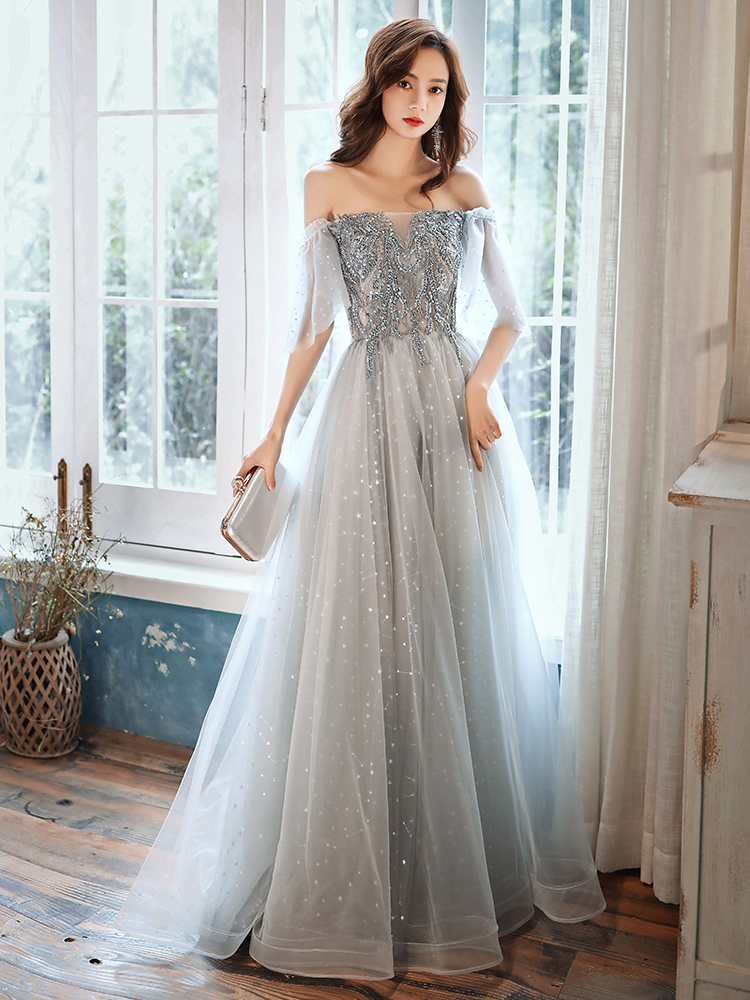 Gray tulle beads prom dress evening dress