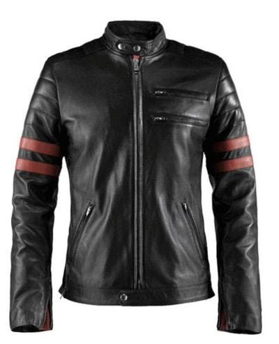 Men's Retro Fight Club Hybrid Biker Black Faux Leather Jacket with Red Stripes