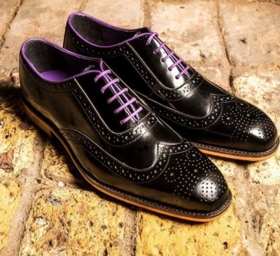New Black Handmade Wingtip Oxfords Brogue Lace Up Office Men's Shoes