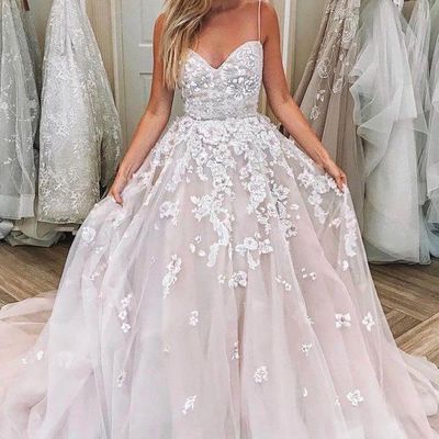 Gorgeous ball gown v neck spaghetti straps tulle wedding dresses with appliques - Thumbnail 2