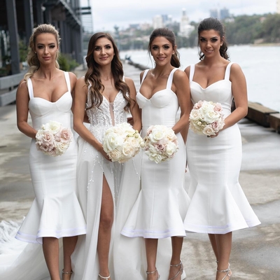 Tea length white sexy open back bridesmaid dress mermaid v neck wedding party dress - Thumbnail 2
