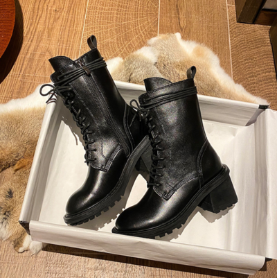 Thick Heel High Heel Martin Boots Women Black Lace Round Toe All-match Short Boots Tide G9505