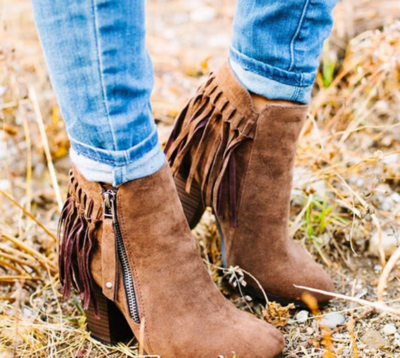 New Pointed Suede High Heel Thick Heel Lace-up Warm Side Zipper Fringed Boots F9510