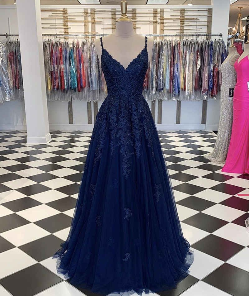 Blue v neck tulle lace prom dress A line evening dress