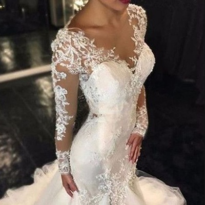 Gorgeous mermaid long sleeve ivory lace wedding dresses with train - Thumbnail 5