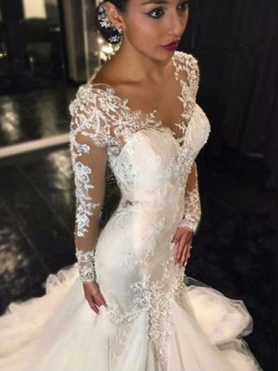 Gorgeous Mermaid Long Sleeve Ivory Lace Wedding Dresses with Train