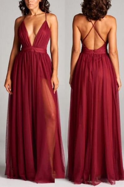 Sexy Deep V Neck Burgundy Tulle Long Prom Evening Dresses