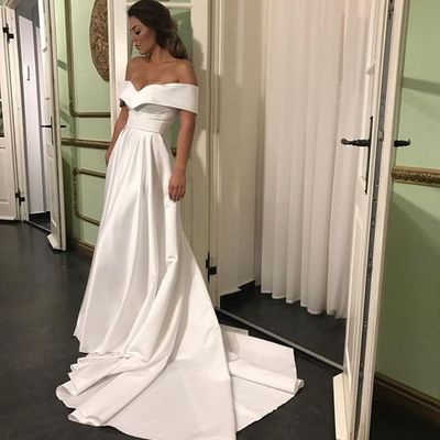 Fashion elegant off the shoulder white satin long wedding dresses with pockets - Thumbnail 4