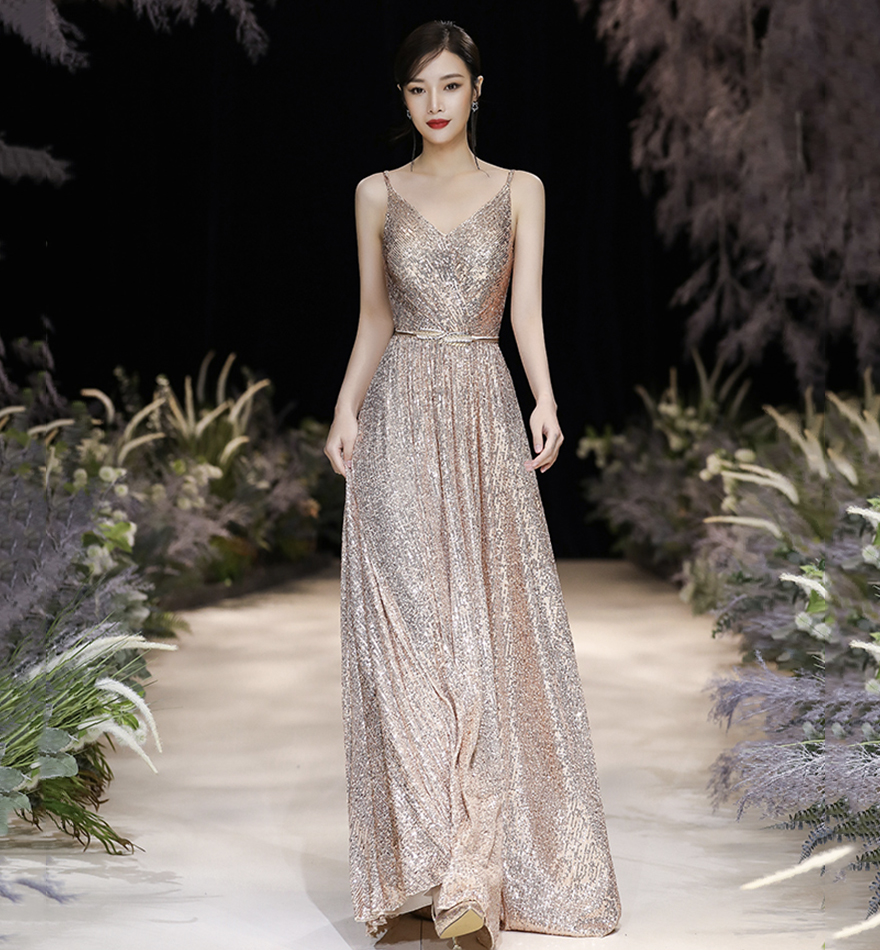 Shiny v neck sequins long prom dress evening dress