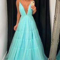Fairy A Line V Neck Spaghetti Straps Lake Blue Tulle Prom Dresses - Thumbnail 1