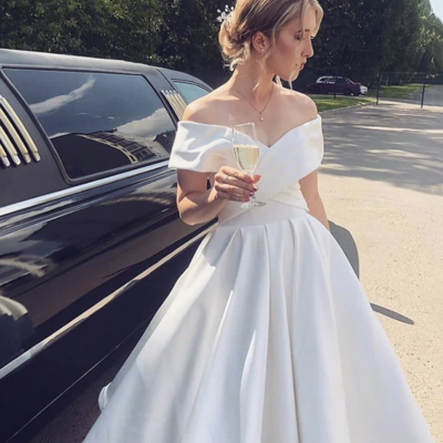 Fashion cute off the shoulder white satin tea length with pockets - Thumbnail 2