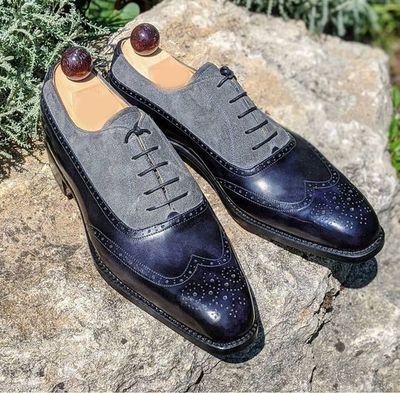 Handmade Men Navy Blue & Gray shoes, Best Wing Tip leather Shoes for Men