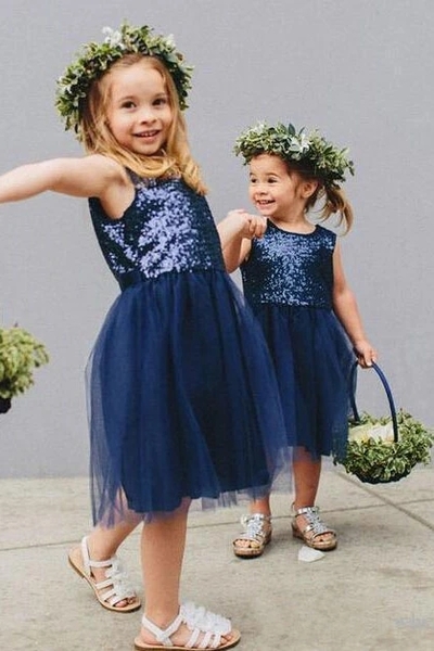 Vintage Navy Blue Sequins Flower Girls Dresses, Short Tulle Birthday Girl Dresses