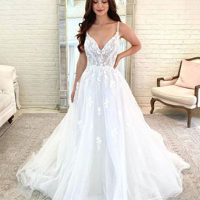 Fashion ball gown v neck tulle & organza white wedding dresses with appliques - Thumbnail 3
