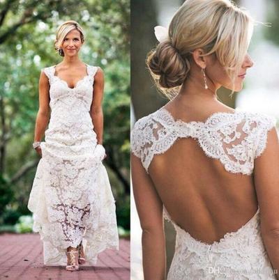Full Lace Wedding Dresses Country Style Pluging V Neck Cap Sleeves Keyhole Back A Line Vintage Custom Made Bridal Gowns,619