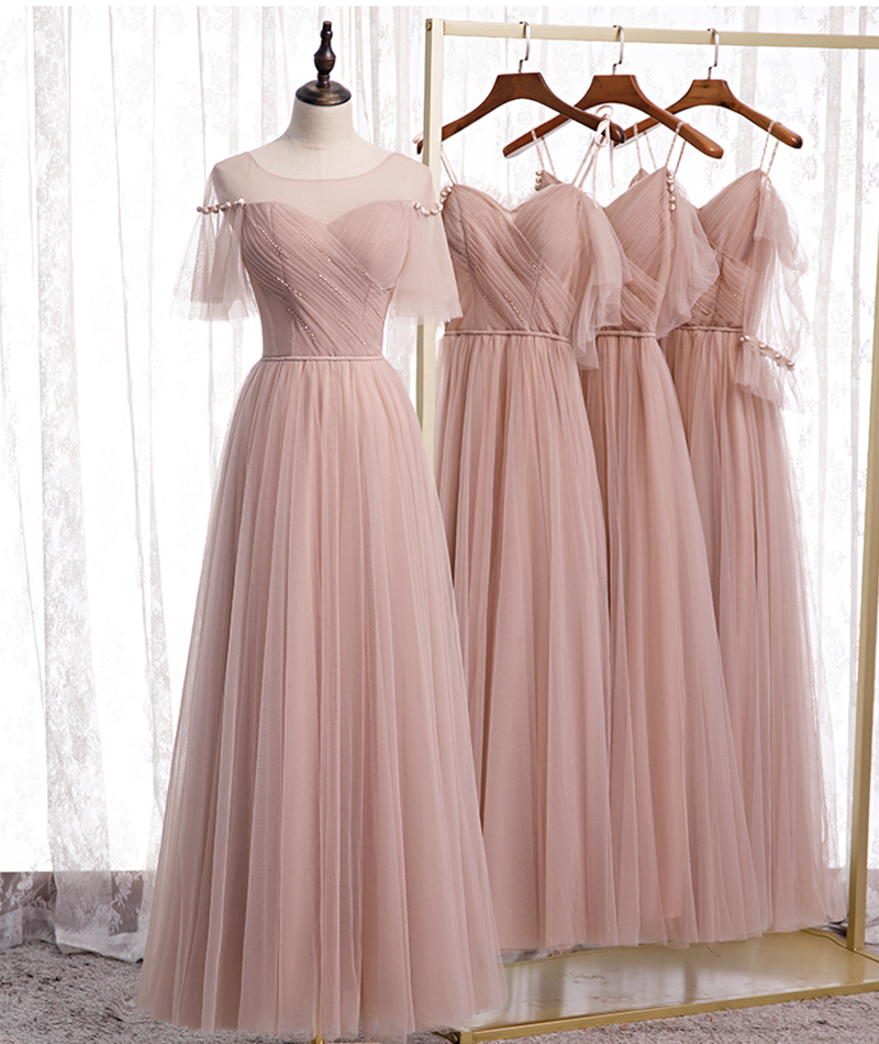 Pink A line tulle long prom dress bridesmaid dress