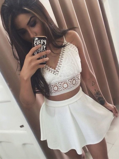 White Boho Two Piece Homecoming Dresses