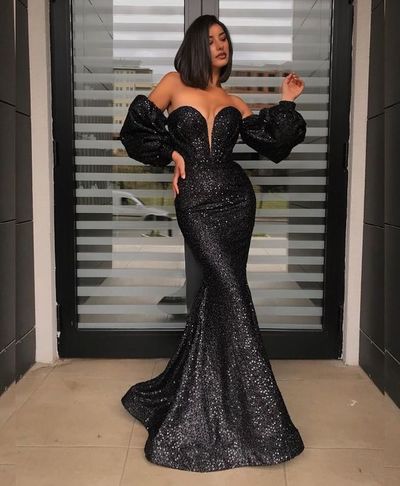 Shiny Mermaid Sweetheart Long Sleeves Black Sequins Long Prom Evening Dresses