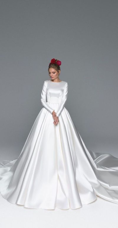 Elegant A-Line Round Neck Long Sleeves Satin Wedding Dresses with Train