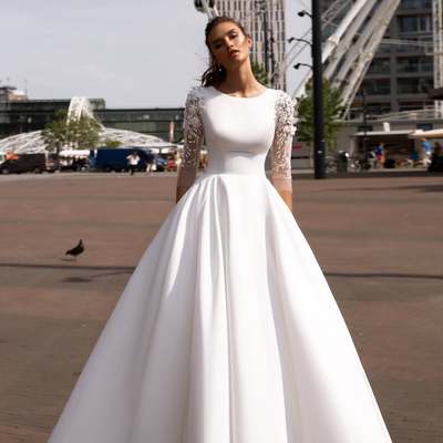 Ball gown boat neck 3/4 sleeves satin wedding dresses with 3d flowers appliques - Thumbnail 2