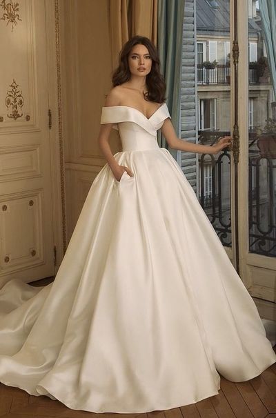 Charming A-Line Off the Shoulder Satin Wedding Dresses with Pockets
