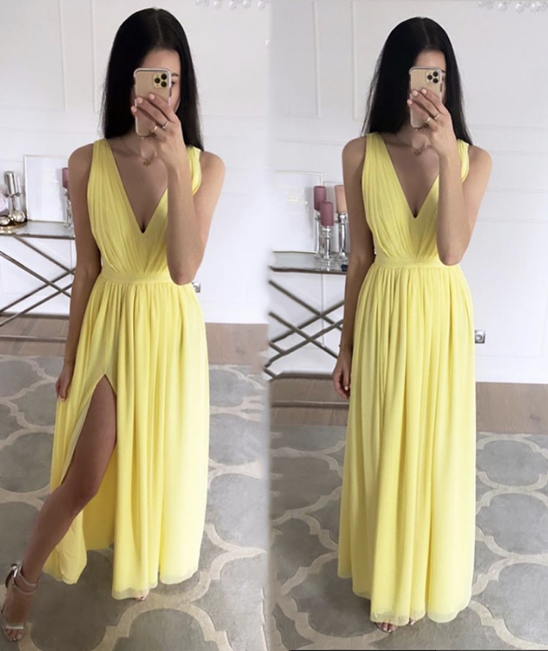 Yellow chiffon long prom dress simple evening dress