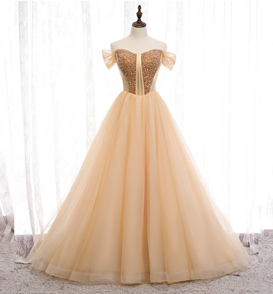 Gold tulle beads long ball gown dress formal dress
