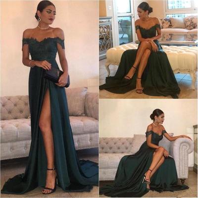 SP1017,Green Prom Dresses,Off the Shoulder Prom Dress,Lace Sheath Evening Dresses with Leg Slit