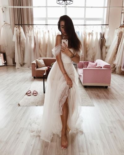 SP1025,White Off the Shoulder Tulle Pleated Wedding Dresses,Cheap Hands Made Bridal Gown