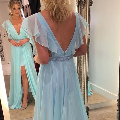 Elegant a line v neck light blue chiffon evening party dresses, prom dresses with beading - Thumbnail 4