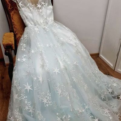 Cute & fairy a line round neck cap sleeves stars lace prom dresses - Thumbnail 5