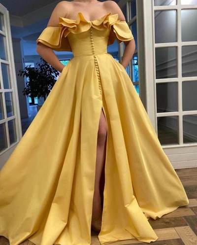 SP1041,Off the Shoulder A-Line Prom Dresses,Yellow Satin Evening Dress Wedding Dresses