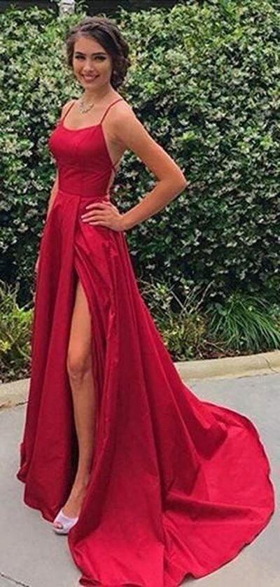 SP1046,Red Sexy Side Slit Spaghetti Straps Cheap Long Evening Prom Dresses,Cheap Sweet 16 Dresses