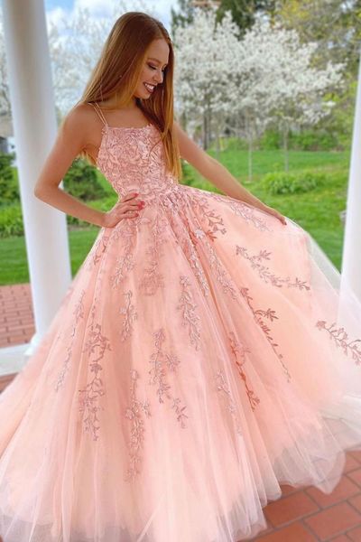 SP1053,Blush Pink Applique Prom Dresses,Double Straps Evening Dresses,Tulle Lace Prom Gown