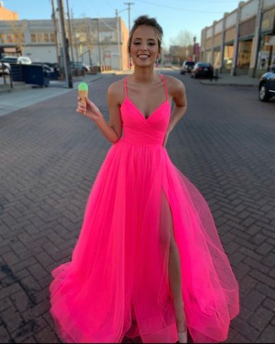 SP1054,Modest Tulle V Neck Spaghetti Straps Pink Long Prom Dresses with Pleated