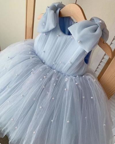 Sky Blue Flower Girl Dresses with Pearls