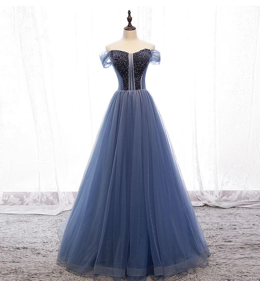 Blue tulle beads long ball gown dress formal dress