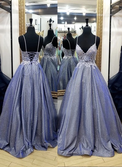 Sparkly A-Line V Neck Lace up Back Navy Blue Prom Evening Dresses with Appliques