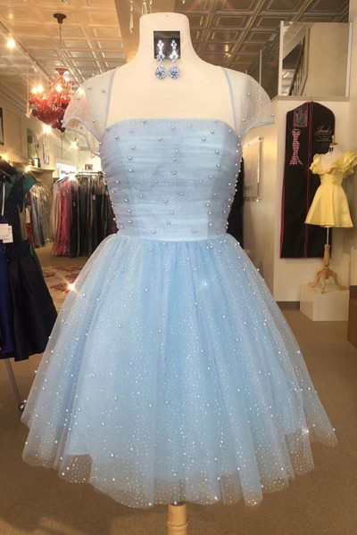 SP1061,Sparkle Beaded Cap Sleeves Light Sky Blue Homecoming Dress