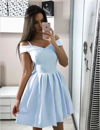 SP1066,Cheap Off The Shoulder Simple V Neck A Line Short Homecoming Dress