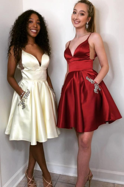 SP1071,Simple A-Line V Neck Open Back Burgundy Satin Short Prom Dresses,Homecoming Dresses with Pockets,Cocktail Party Dresses