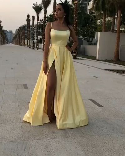 SP1073,Sexy Yellow Satin Prom Dresses,Spaghetti Straps Evening Dress with Slit