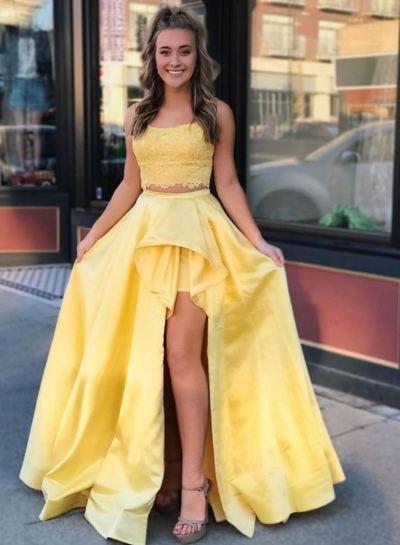 SP1075,Pieces High Low Lace Yellow Prom Two Piece Long Formal Dresses