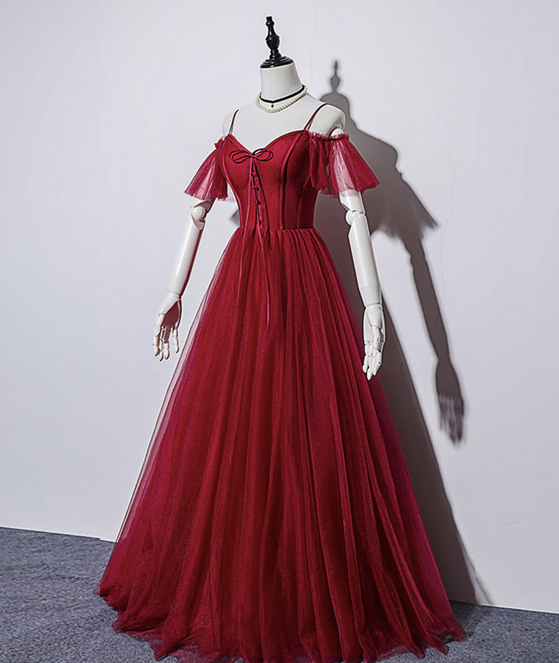 Burgundy tulle long prom dress evening dress